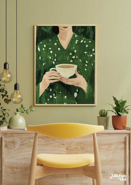 Poster Femme et Tasse – Illustration Verte Moderne – Affiche Cosy Thé Café – Décoration Murale Douce et Apaisante