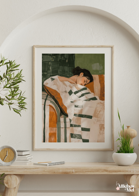 Affiche Repos Cosy – Illustration Douce & Intimiste sur Fond Vert