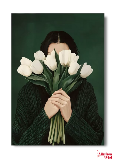 Poster Tulipes Blanches – Affiche Botanique Minimaliste – Illustration Femme et Fleurs – Décoration Murale Nature