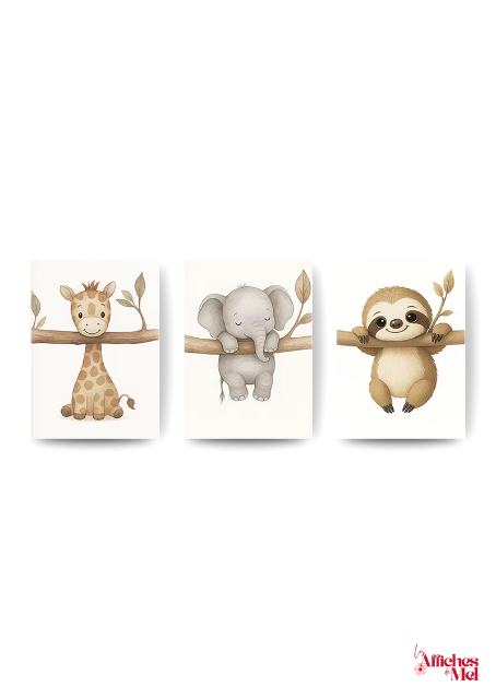 Lot de 3 Affiches Safari Bébé – Girafe, Éléphant & Paresseux
