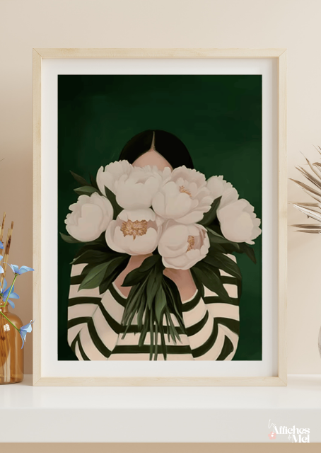 Affiche Pivoines Blanches – Poster Botanique Élégant – Illustration Moderne Fleurie – Décoration Murale Nature