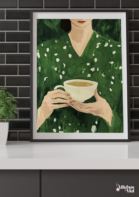 Poster Femme et Tasse – Illustration Verte Moderne – Affiche Cosy Thé Café – Décoration Murale Douce et Apaisante