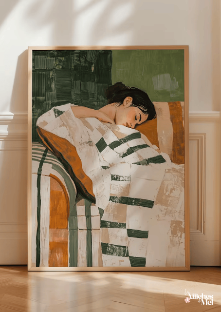 Affiche Repos Cosy – Illustration Douce & Intimiste sur Fond Vert