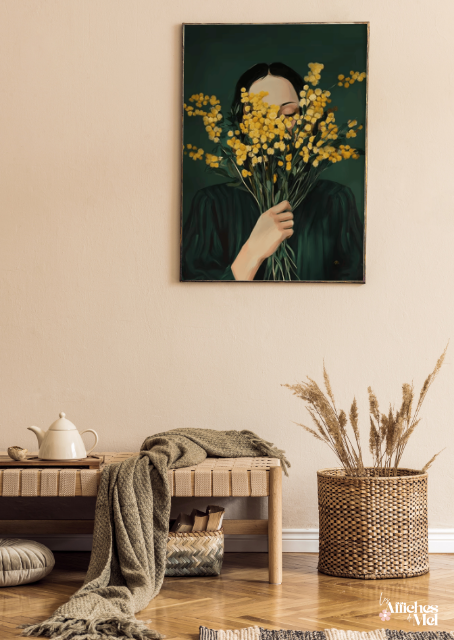 Affiche Moderne Bouquet de Mimosas – Illustration Florale Verte – Poster Femme et Fleurs – Décoration Murale Botanique